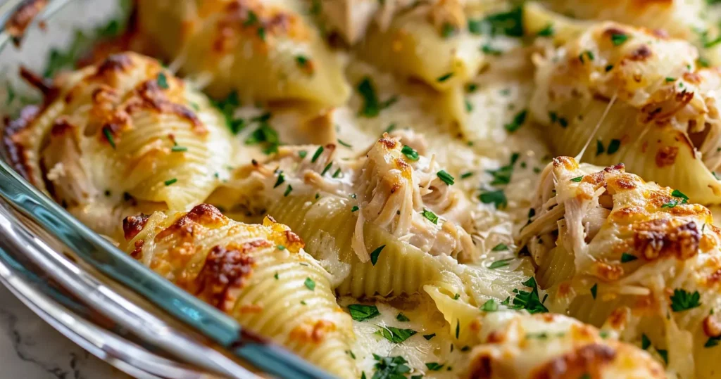 Creamy Chicken Stuffed Shells Recipe: A Comforting Family Favorite 2 Creamy Chicken Stuffed Shells Recipe: A Comforting Family Favorite Close-up of creamy Chicken Stuffed Shells baked with melted cheese and garnished with fresh parsley in a glass baking dish