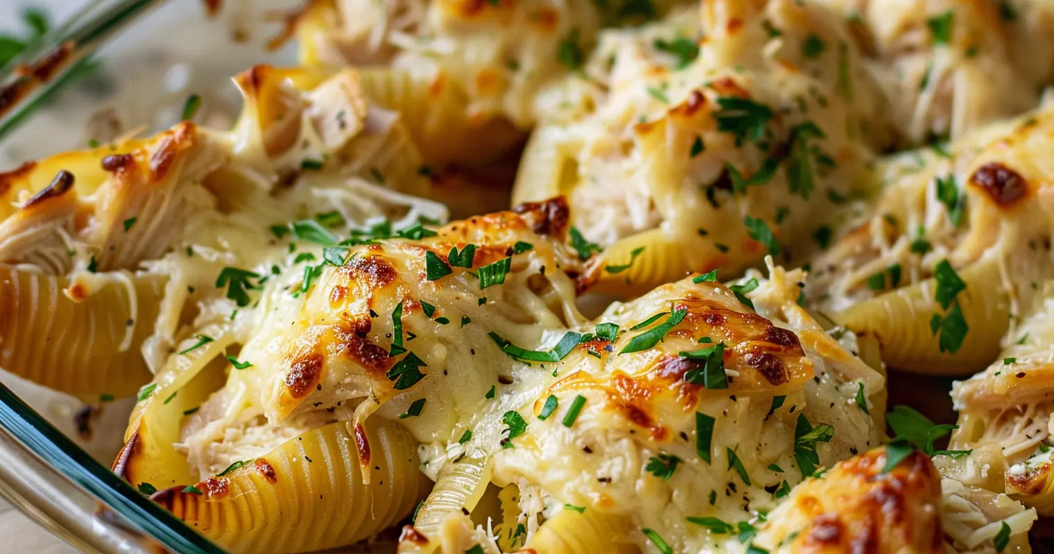 Close-up of creamy Chicken Stuffed Shells baked with melted cheese and garnished with fresh parsley in a glass baking dish.